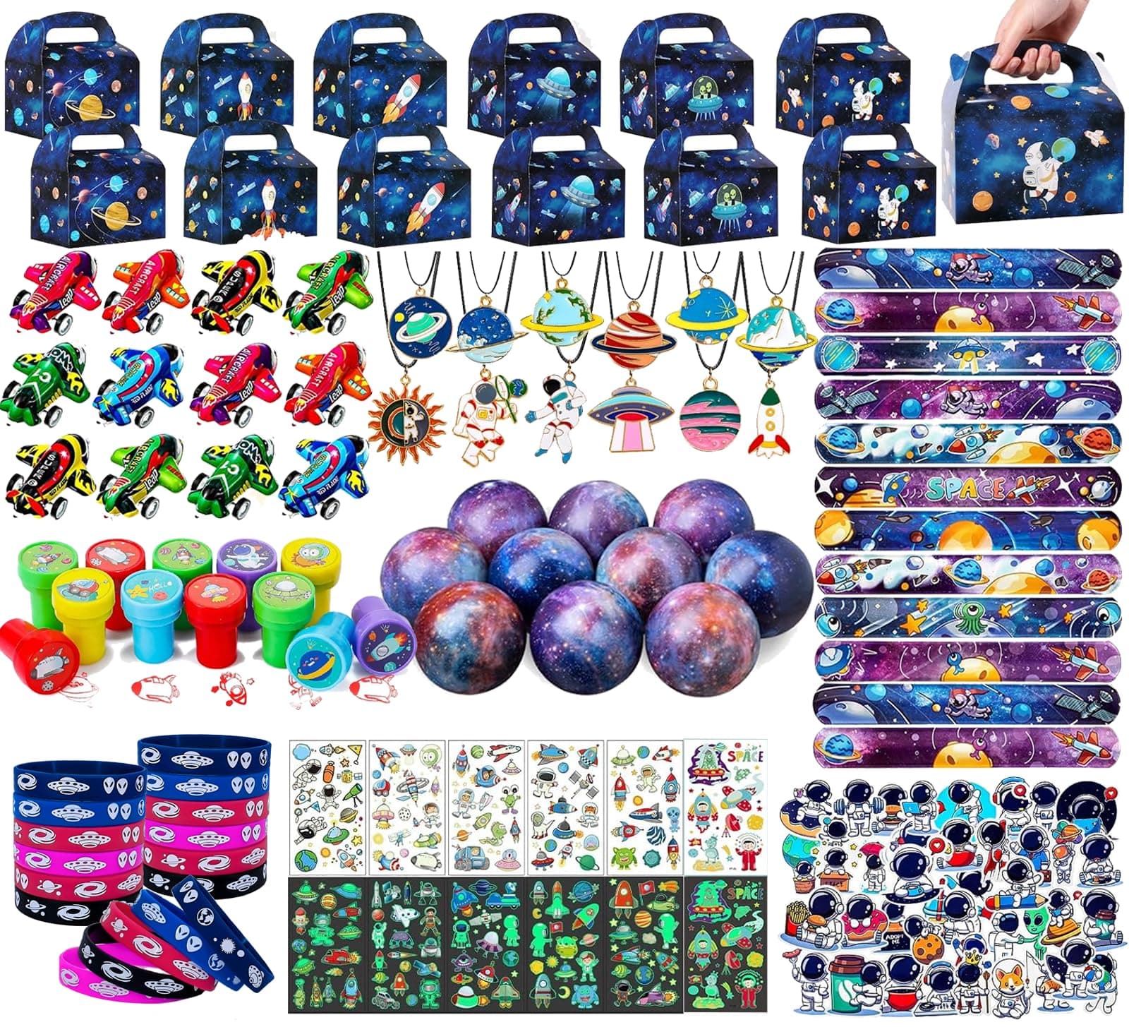 Beauenty 144 Pcs Space Party Favors Supplies Space Toys, Slap Bracelets Tattoo Stickers Helicopter Keychains Space Pendant Gift Bag Accessories Birthday Party for Kids on Amazon.ae - Price Tracker