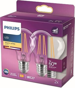 PHILIPS LED Premium Classic A60 Light Bulb 2 Pack [E27 Edison Screw] 7W - 60W Equivalent, Warm White (2700K), Non Dimmable - متتبع أسعار Amazon.sa