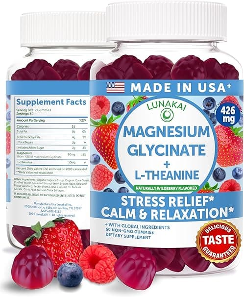 Lunakai Magnesium Glycinate Gummies 426mg with L-Theanine, Made in USA - Calm, Sleep & Stress Relief for Adults & Kids - Non-GMO, Vegan, 60 Count on Amazon.ae - Price Tracker
