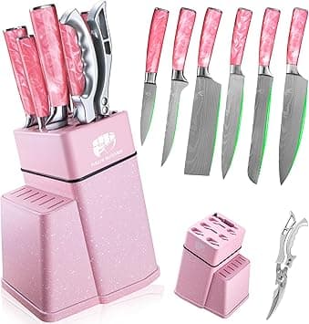 FULLHI 8pcs block Knife Set,chef's Knves Set with Block and Sharpener, Kitchen Knife Set,Multi-colour Handle, Gifts for Men Women (Pink resin) on Amazon.ae - Price Tracker