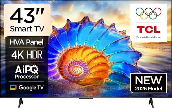TCL 43V6D Television 43 Inch Smart TV 4K UHD HDR 10+ Gaming Google TV, Dynamic Color Enhancement, Dolby Vision Atmo, DTS Virtual X, MEMC, Game Master with Slim Design (2026 Model) على Amazon.ae - متتبع الأسعار