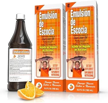 Emulsion de Escocia Cod Liver Oil Liquid, Orange Flavor, Fish Oil Liquid with Vitamins A, D, E & B1 for Kids & Adults, Immune & Bone Health, Omega-3, 2 Pack (6.5 fl oz Each) على Amazon.ae - متتبع الأسعار