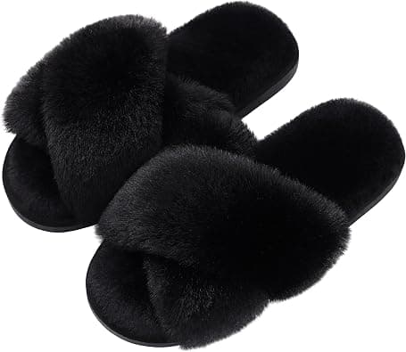 Women's Fuzzy Slippers Cross Band Memory Foam House Slippers Open Toe, Black(US 7-8) على Amazon.ae - متتبع الأسعار