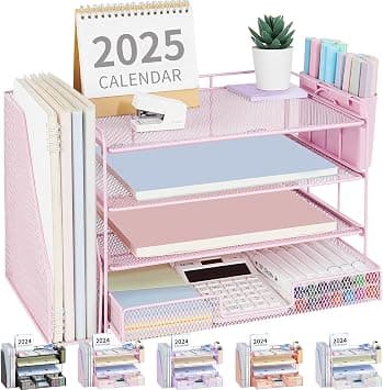 OPNICE Desk Organizers & Accessories,4 Tier Tray File Folder Racks & Holders,Vertical File Organizer w/ 2 Pen Holders,Office Desk Organization & Desk Accessories Office Supplies(Pink) (OP-4T-2-Pink) on Amazon.ae - Price Tracker