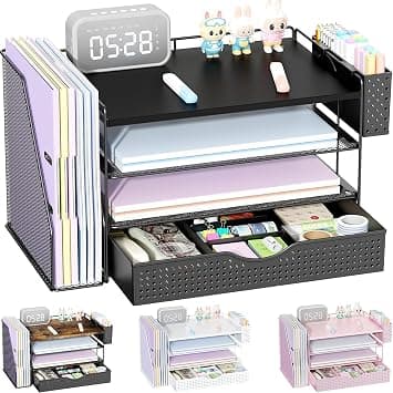 Cute Desk Organizer Accessories for Office, Colors Table Stationary Organizer for Women, Paper File Letter Tray Holder with Drawer and Pen Holder (black) on Amazon.ae - Price Tracker