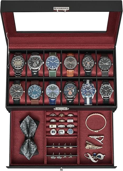 SONGMICS 12-Slot Watch Box, Lockable Watch Case with Glass Lid, 2 Layers, with 1 Drawer for Rings, Bracelets, Gift Idea, Black Synthetic Leather, Wine Red Lining UJWB012R01 on Amazon.ae - Price Tracker