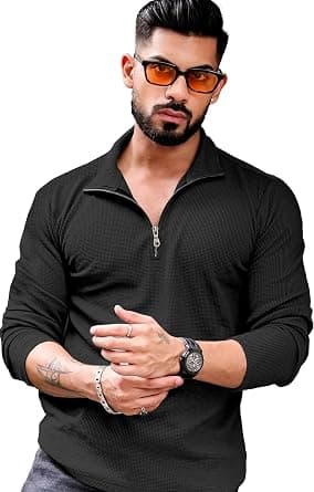 KAJARU Men's Polyester Blend T Shirt with Spread Collar Neck Line Zipper Closure Full Sleeves Solid Pattern Regular Fit and Standard Length on Amazon - Best Deal Finder