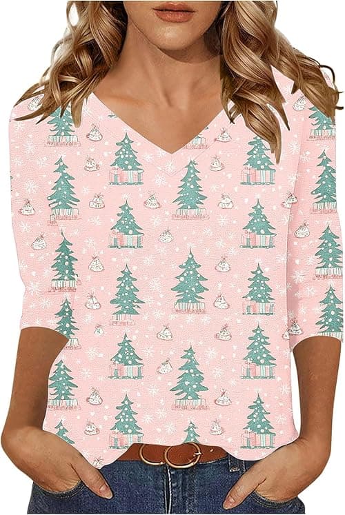 Christmas T Shirts Women Plus Size V Neck Jumpers, 3/4 Sleeve Tops Christmas Tree Jumpers, Funny Xmas Tshirt Oversized Blouses, Ugly Xmas Shirt Tunic Tops Loose Blouses Pullover on Amazon.ae - Price Tracker