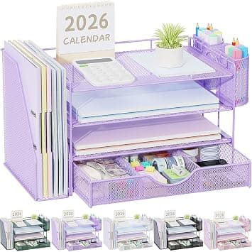 gianotter Desk Organizers and Accessories with File Holder, 4-Tier Desk Accessories & Workspace Organizers with Drawer and 2 Pen Holder, Paper Organizer for Office Supplies (Purple) على Amazon.ae - متتبع الأسعار