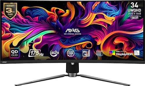 MSI MAG341CQP QD-OLED 34" Curved Gaming Monitor, 3440 x 1440 (UWQHD), 0.03ms Response Time, 175Hz, True Black HDR 400, HDMI, DP Port, USB Type-C, Tilt, Height Adjustable على Amazon.ae - متتبع الأسعار