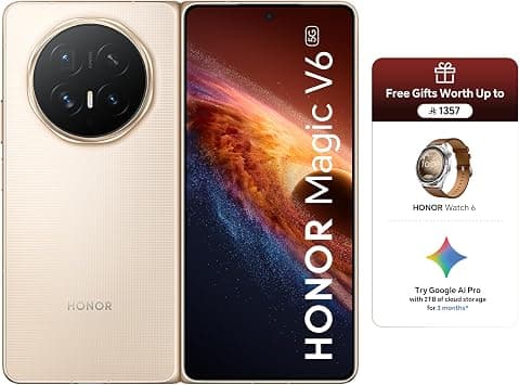 HONOR Magic V6 5G Foldable Smartphone 16GB RAM 512GB Storage | Snapdragon 8 Elite Gen 5 | 64MP Telephoto Camera | Gold | Free Gift HONOR Watch 6 - متتبع أسعار Amazon.sa