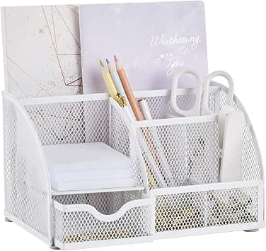 Mesh Desk Organizer Office with 7 Compartments + Drawer/Desk Tidy Candy/Pen Holder/Multifunctional Organizer (White) على Amazon.ae - متتبع الأسعار