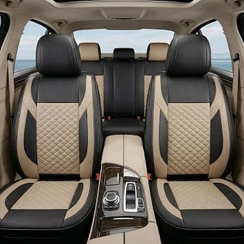 Premium 5Pcs PU Leather Car Seat Cover Full Set (Sedan Car), Universal Fit Auto Seat Covers, Luxury Interior Protector, Waterproof Seat Covers (Beige Black) على Amazon.ae - متتبع الأسعار