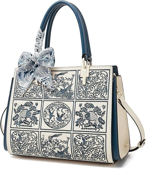 FOXLOVER Leather Satchel Handbags for Women Tote Shoulder Bag vintage Crossbody Bag Purse Top Handle bag with Embroidery on Amazon.ae - Price Tracker