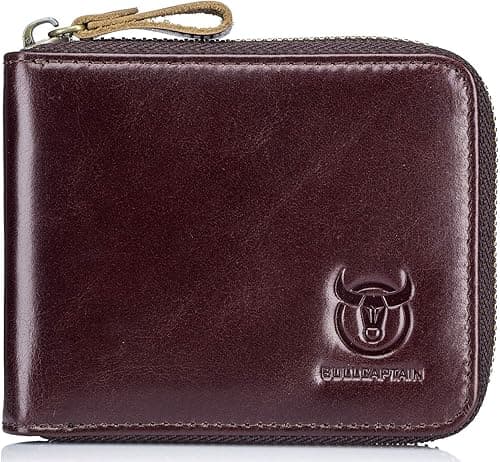 BULLCAPTAIN Mens Genuine Leather Zipper Wallet RFID Blocking Bifold Secure Zip Around Wallets Multi Credit Card Holder Purse, Brown-2, Small, Simplicity on Amazon.ae - Price Tracker