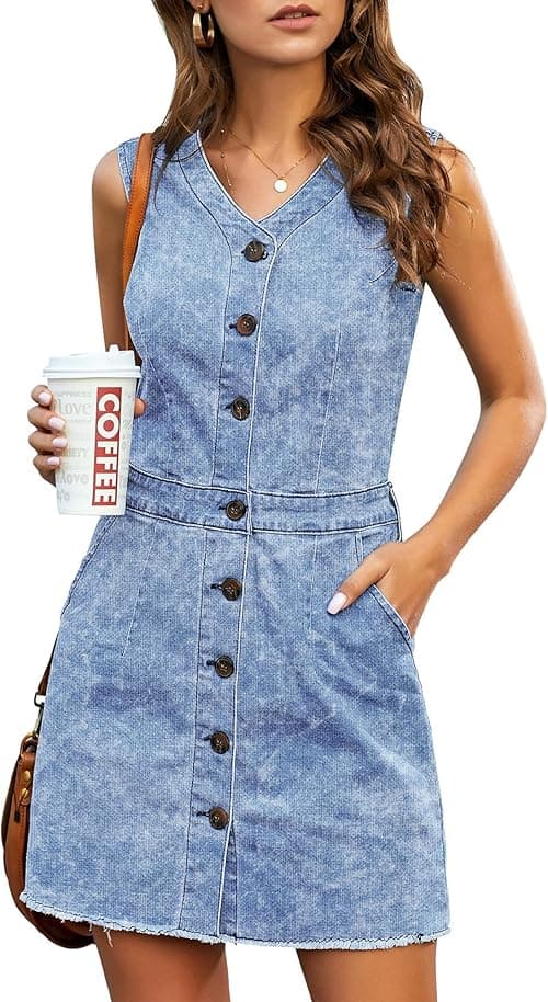 LookbookStore Women Sleeveless V Neck Button Down Frayed Hem Short Denim Dress on Amazon.ae - Price Tracker