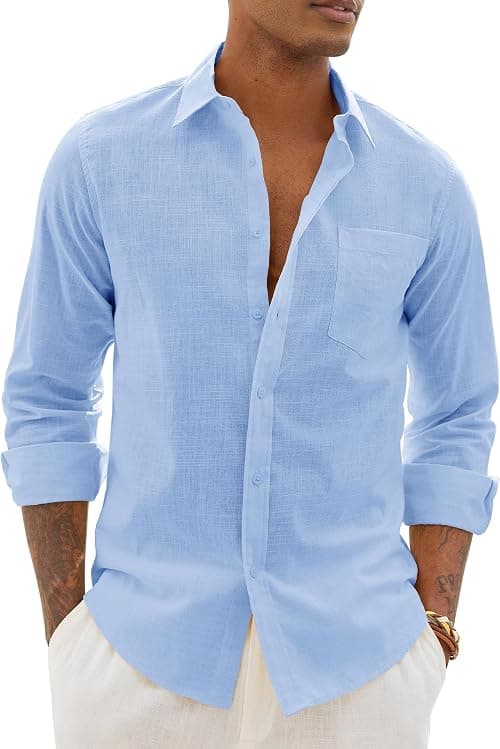 Alimens & Gentle Linen Shirts for Men Long Sleeve Casual Cotton Button Down Shirts Summer Beach Wedding Tops with Pocket على Amazon.ae - متتبع الأسعار