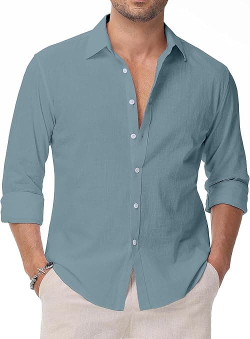 Linen Shirts for Men Casual Button Down Long Sleeve Shirt Solid Summer Beach Hawaiian Shirts on Amazon.ae - Price Tracker