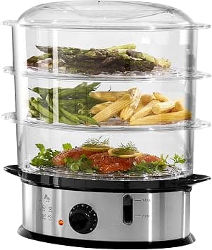 Daewoo 3 Layer Food Steamer, 9L Capacity, Stainless Steel with Black Dial, Automatic Shut Off with Rice Bowl Included, Water Level Indicator, Dishwasher Safe Tiers, Steam 0-30 Minutes - 1200W, SDA1338 on Amazon.ae - Price Tracker