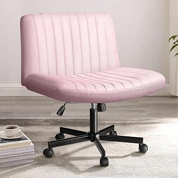 PUKAMI Criss Cross Chair,Comfy Cross Legged Office Desk Chair No Wheels,Modern Fabric Swivel Adjustable Height Mid Back Wide Seat for Home Office Computer (Pink with Wheels) على Amazon.ae - متتبع الأسعار