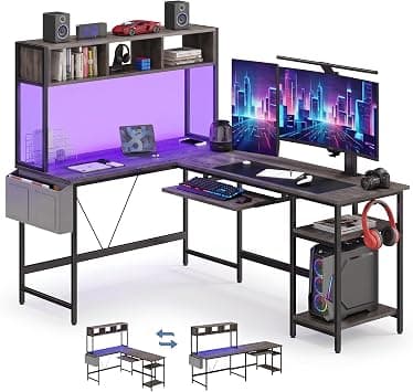 مكتب العاب على شكل حرف L مقاس 67 انش من دوموس، مكتب كمبيوتر قابل للعكس مع اضاءة LED، مكتب زاوية للمساحات الصغيرة مع صينية كيبورد ورف تخزين، طاولة العاب الكمبيوتر باطار معدني للمنزل والمكتب وغرفة النوم - متتبع أسعار Amazon.sa