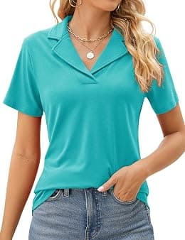 Rapbin Women's Polo Shirts Lapel Collar V Neck Short Sleeve Blouse Dressy Casual Tunic Tops - Best Deal Finder