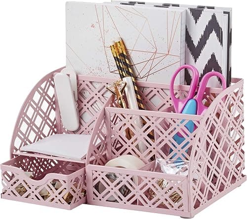 Exerz Desk Organiser/Mesh Desk Tidy Caddy/Pen Holder/Multifunctional Organiser With 7 Compartments (Light Pink) on Amazon.ae - Price Tracker