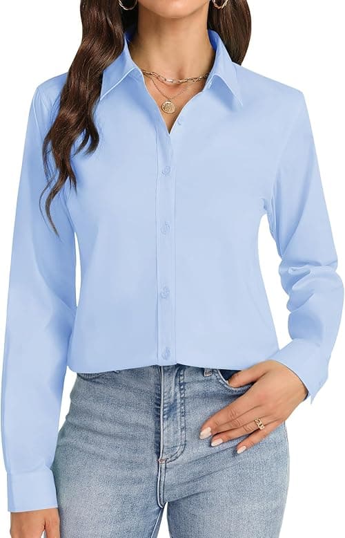 J.VER Womens Button Down Shirt Long Sleeve Dress Shirts Wrinkle Free Stretch Solid Work Blouse on Amazon.ae - Price Tracker