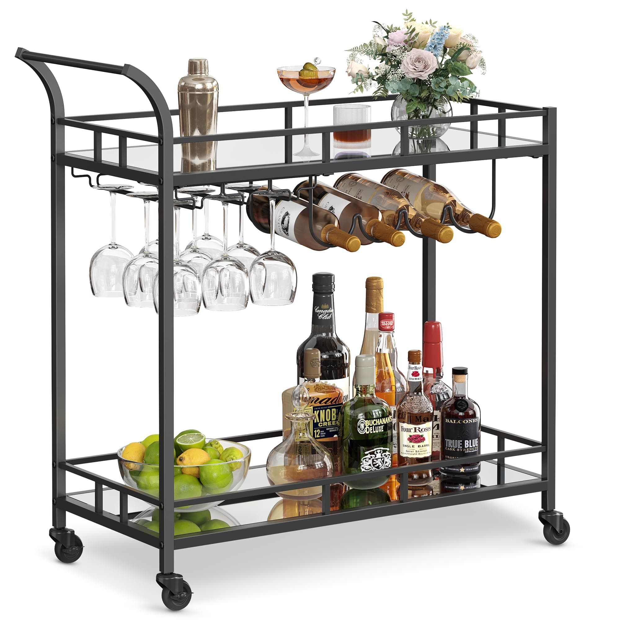 VASAGLE Bar Cart Black, Home Bar Serving Cart, Wine Cart with 2 Mirrored Shelves, Wine Holders, Glass Holders, for Kitchen, Dining Room, Black ULRC090B62 on Amazon.ae - Price Tracker