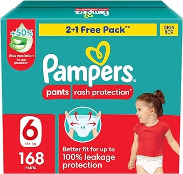 Pampers Pants, Rash Protection, Size 6, 16+ Kg, Giga Box, 168 Count - متتبع أسعار Amazon.sa