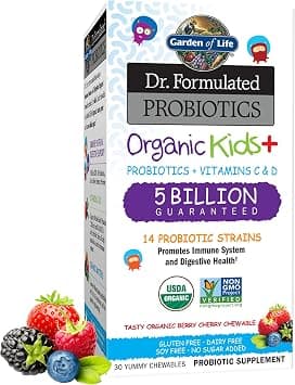 Garden of Life Dr. Formulated Probiotics Organic Kids+ Plus Vitamin C & D - Berry Cherry - Gluten, Dairy & Soy Free Immune & Digestive Health Supplement, No Added Sugar, 30 Chewables (Ships Cold) - Best Deal Finder