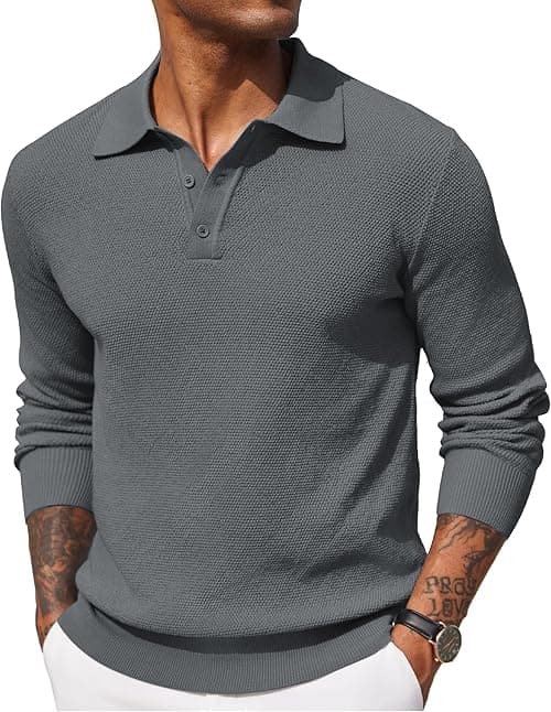 COOFANDY Mens Knit Polo Shirts Long Sleeve Casual Polo Sweaters Shirt Waffle Textured Collared Sweater on Amazon.ae - Price Tracker