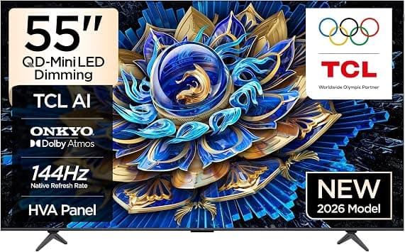 TCL 55T8D Television 55 Inch Smart TV 4K QD-Mini LED Dimming Colorful Quantum Crystal HDR 10+ Gaming Google TV, 144Hz Native Refresh Rate, Dolby Vision Atmos, DTS Virtual:X, Game Master (2026 Model) - Amazon.ae Price Tracker