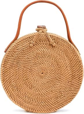 Novum Crafts Round Rattan Bag for Women - Handmade Straw Bags - Wicker Purse - Brown White Circle Crossbody Boho Bags - Best Deal Finder