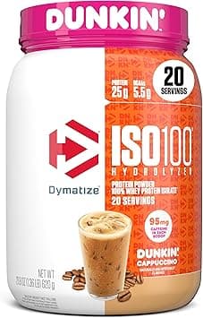 Dymatize x Dunkin' Cappuccino ISO100 Whey Protein Powder, 95mg Caffeine, 25g of Protein, 20 Servings, 5.5g BCAAs, 120 Cal., Gluten Free, 1g Fat, 1g Sugar, 2g Carb - Amazon.ae Price Tracker