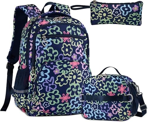 Rexmore 3Pcs Girls Backpack Set with Lunch Box & Pencil Case, Flower Print Kids Backpack for Elementary&Middle School Camping على Amazon.ae - متتبع الأسعار