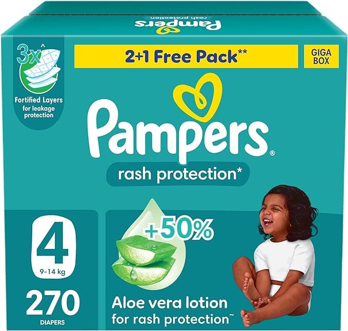 Pampers Rash Protection Taped Diapers, Size 4, 9-14kg, +50% Aloe Vera Lotion for Rash Protection, 3x Fortified Layers for Leakage Protection, Giga Box, 270 Count on Amazon.ae - Price Tracker