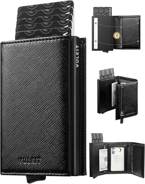 VULKIT Credit Card Holder RFID Blocking Mens Leather Bifold Card Wallet Automatic Pop Up for 9 Cards with ID Window & Coin Pocket on Amazon.ae - Price Tracker