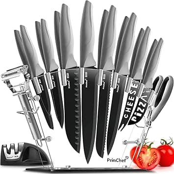 PrinChef Knife Set, 19 Pcs Rust Proof Knives Set For Kitchen, With Acrylic Stand, Sharpener, Scissors And Peeler, Stainless Steel Knife Sets With Black Coating, Nonstick And No Scratch on Amazon.ae - Price Tracker