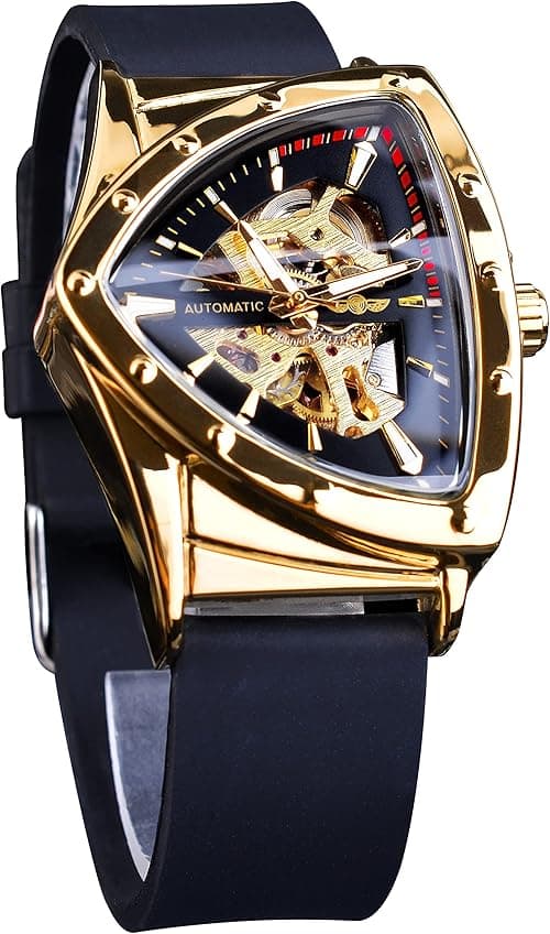 Triangular Gold Shield Automatic Mechanical Watch, Oversized Dial Fully Hollowed Out Dial Design, Automatic Movement, 20MM Wide Stainless-Steel Strap, Strong and Durable on Amazon.ae - Price Tracker