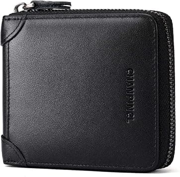 Mens Genuine Leather Zipper Wallet RFID Secure Large Capacity Double Fold Multi-card Leather Wallets for Men and coin purse, Calf leather black, One size, Classic على Amazon.ae - متتبع الأسعار