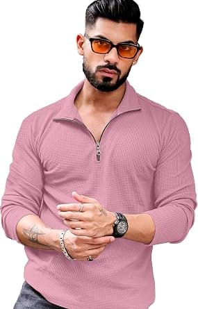 KAJARU Men's Polyester Blend T Shirt with Spread Collar Neck Line Zipper Closure Full Sleeves Solid Pattern Regular Fit and Standard Length on Amazon - Best Deal Finder