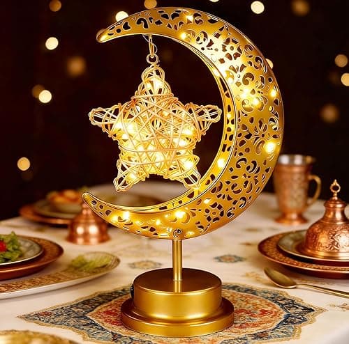 Ramadan Decorations,Warm White Ramadan Lamp for Festival Home Decor,Gold Decorative Table Decorations with Moon Star Shape Lights on Amazon.ae - Price Tracker