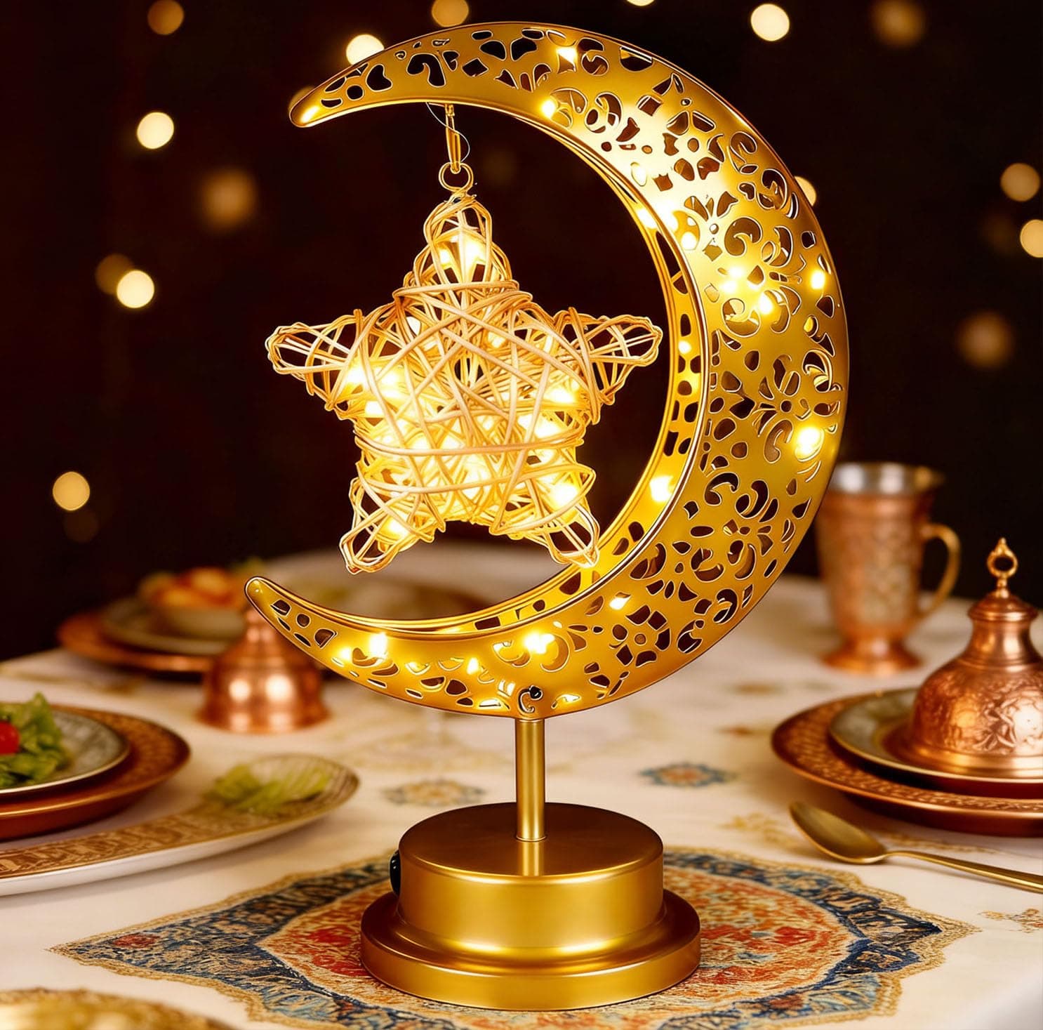 Ramadan Decorations,Warm White Ramadan Lamp for Festival Home Decor,Gold Decorative Table Decorations with Moon Star Shape Lights on Amazon.ae - Price Tracker