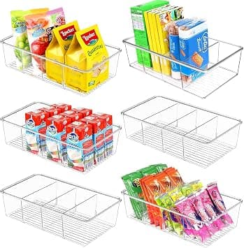 Clear Pantry Organizer Storage Bins Plastic Removable Snack Organizer Pantry Organization Storage Racks with Removable Dividers, Perfect for Packets, Snacks, Spices, Kitchen (6 Pack) - متتبع أسعار Amazon.sa