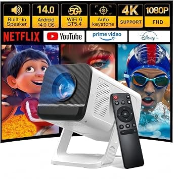 Built-in Apps 1080P 4K Support Mini Projector with Android 14, Phone Remote | Portable Smart Projector with WiFi 6 and Bluetooth 5.4 for Bedroom Auto Keystone Compatible with Netflix/iOS/HDMI/TV Stick X1 on Amazon.ae - Price Tracker