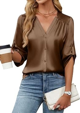 Blooming Jelly Womens Button Down Shirts 3/4 Sleeve Dressy Casual Tops Pleated Satin Silk Business Blouses 2026 - Best Deal Finder