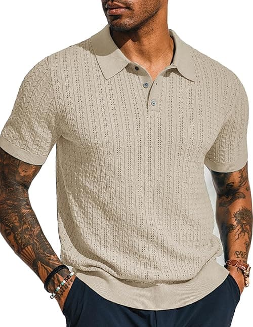 PJ PAUL JONES Mens Knit Polo Shirt Short Sleeve Hollow Out Knit Shirt Texture Knitted Polo on Amazon.ae - Price Tracker