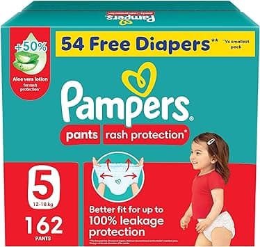 Pampers Rash Protection Pants Diapers, Size 5, 12-18kg, +50% Aloe Vera Lotion, 360° Leak-Free Fit for up to 100% Leakage Protection, Super Saver Box, 54 Free Diapers, 162 Count - Amazon.ae Price Tracker