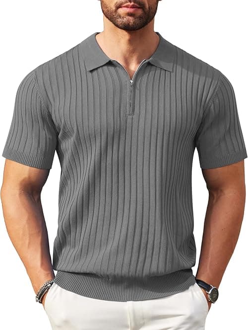 COOFANDY Men's Zipper Polo Shirts Short Sleeve Ribbed Knit Polo T Shirts Fashion Casual Golf Shirts على Amazon.ae - متتبع الأسعار